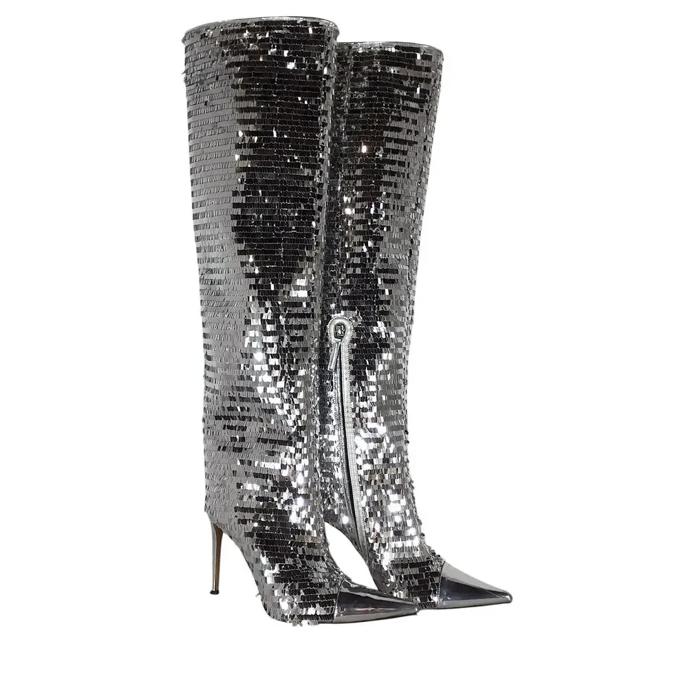 Alexandre Vauthier Sequined Silver 105 Knee High Boots Size 38.5 EU / 8.5 US - Picture 2 of 6